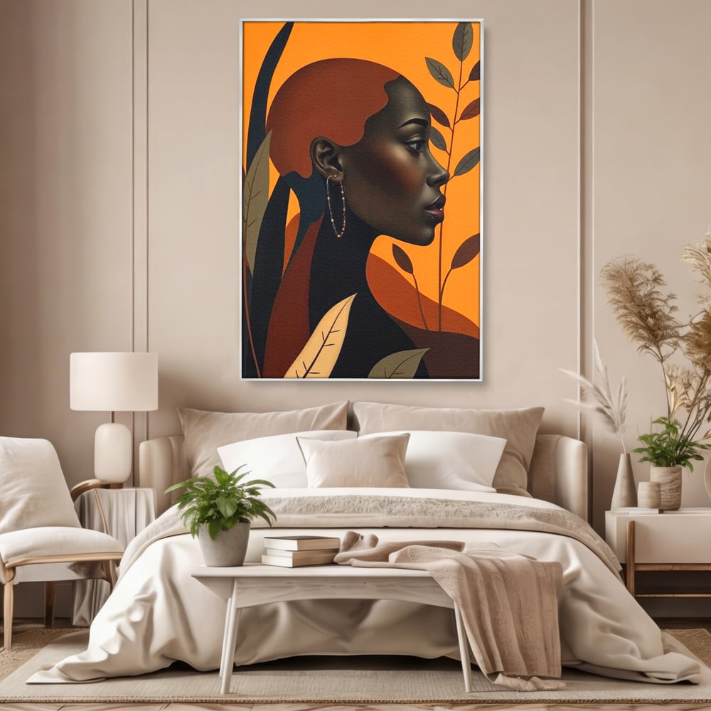 Tablou canvas cu ilustratie digitala cu profil de femeie, in rama de aluminiu argintiu, pe perete intr-un dormitor